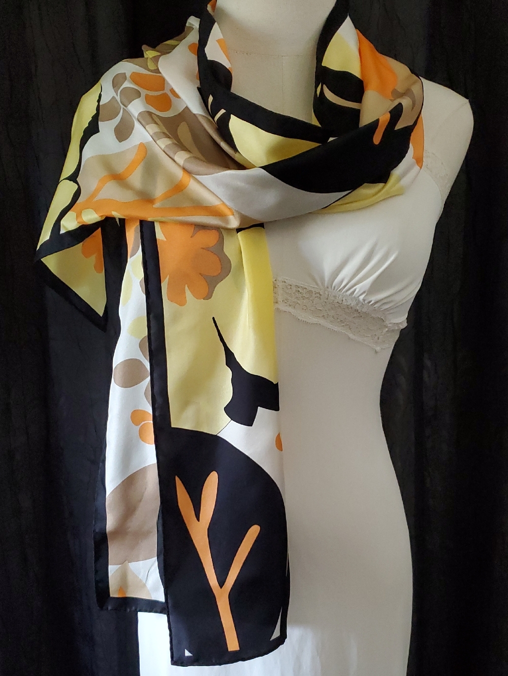 Womens Silky Scarf MOD FLORAL Yellow Orange Black Rectangle 12" X 57"